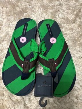 Tommy Hilfiger Green and Navy Diagonal-Stripe Flip Flops